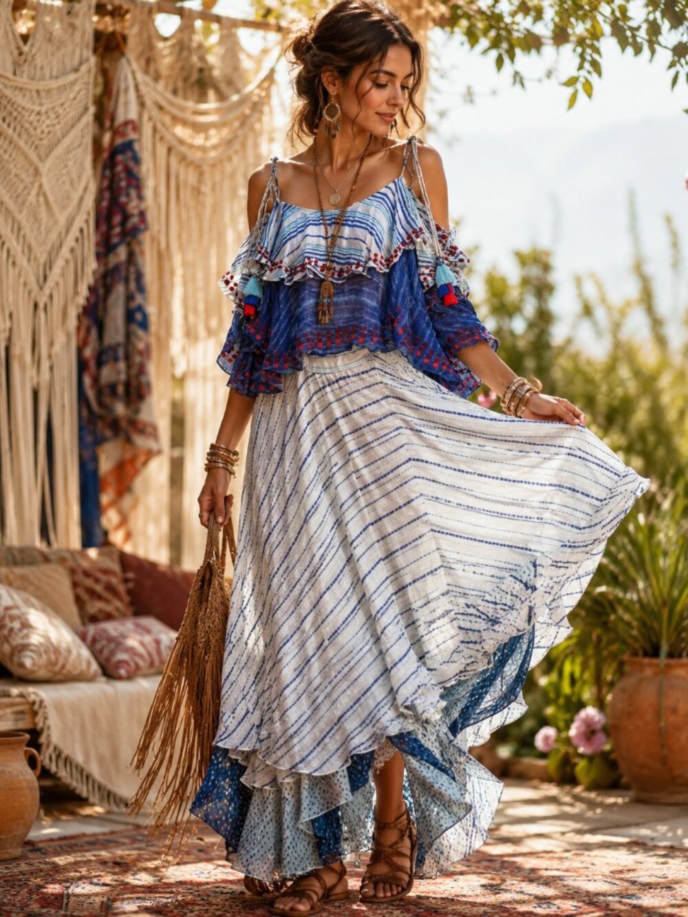 Hemant & Nandita Blue Frontier Women's Boho Printed Silk Maxi Dress Sz XS